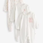 Next - White/Pink Bear Baby Sleepsuits 3 Pack