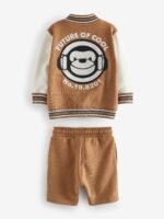 Next - Tan Brown Monkey 100% Cotton Letterman and Shorts Set - Image 2