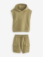 Next - Khaki Green Short Sleeve Utility Hoodie and Shorts Set - Image 3