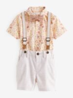 Next - Pink/Cream Floral Shirt Shorts 100% Cotton Braces and Bow Tie Set - Image 3