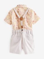 Next - Pink/Cream Floral Shirt Shorts 100% Cotton Braces and Bow Tie Set - Image 7