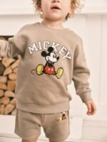 Next - Tan Brown Mickey 100% Cotton Sweatshirt and Shorts Set - Image 3
