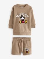 Next - Tan Brown Mickey 100% Cotton Sweatshirt and Shorts Set - Image 2