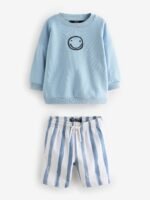 Next - Blue Stripe 100% Cotton Crew Neck Sweatshirt and Shorts Set - Image 4