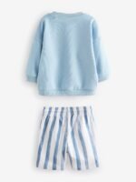 Next - Blue Stripe 100% Cotton Crew Neck Sweatshirt and Shorts Set - Image 5