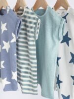 Next - Teal Blue Star Baby Jersey 100% Cotton Rompers 4 Pack - Image 2