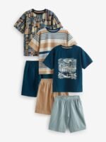 Next - Navy/Camel Palm Tree 100% Cotton Short Pyjamas 3 Pack - Image 2