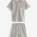 Next - Neutral/Navy Stripe Single Textured Button Down Pyjamas