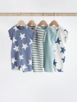 Next - Teal Blue Star Baby Jersey 100% Cotton Rompers 4 Pack