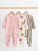 Next Pink Happy Heart Baby Two Way Zip Floral Print Sleepsuits 3 Pack