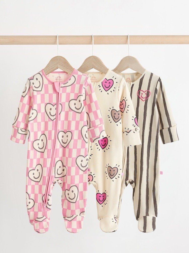 B61422s Next Pink Happy Heart Baby Two Way Zip Floral Print Sleepsuits 3 Pack - Image 1