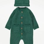 George - Green Rib Knit Raglan Sleeve All In One and Hat Outfit