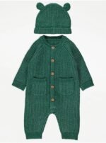 George - Green Rib Knit Raglan Sleeve All In One and Hat Outfit