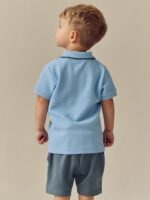 Next Blue/Navy Short Sleeve Textured Polo Shirt and Shorts Set - Image 3