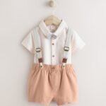 Next Apricot Orange Shirt Body, Shorts and Braces Baby 4 Piece Set