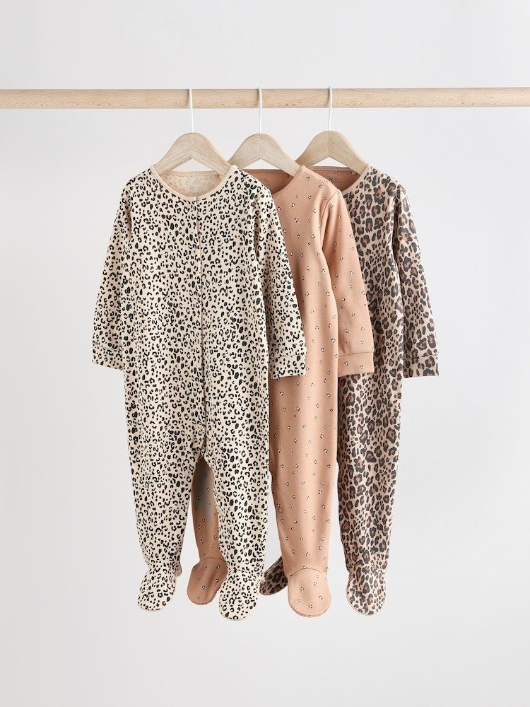 E92933s Next Brown Animal Print Baby Sleepsuits 3 Pack - Image 1