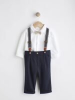 Next Navy Blue Baby 100% Cotton Shirt Trousers and Braces Set 4 Piece