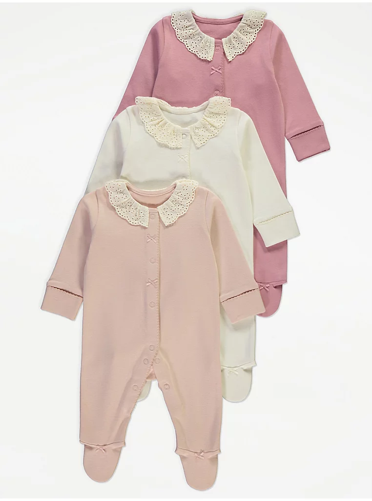 download (5) George Pink Broderie Collar Bow Sleepsuits 3 Pack - Image 1