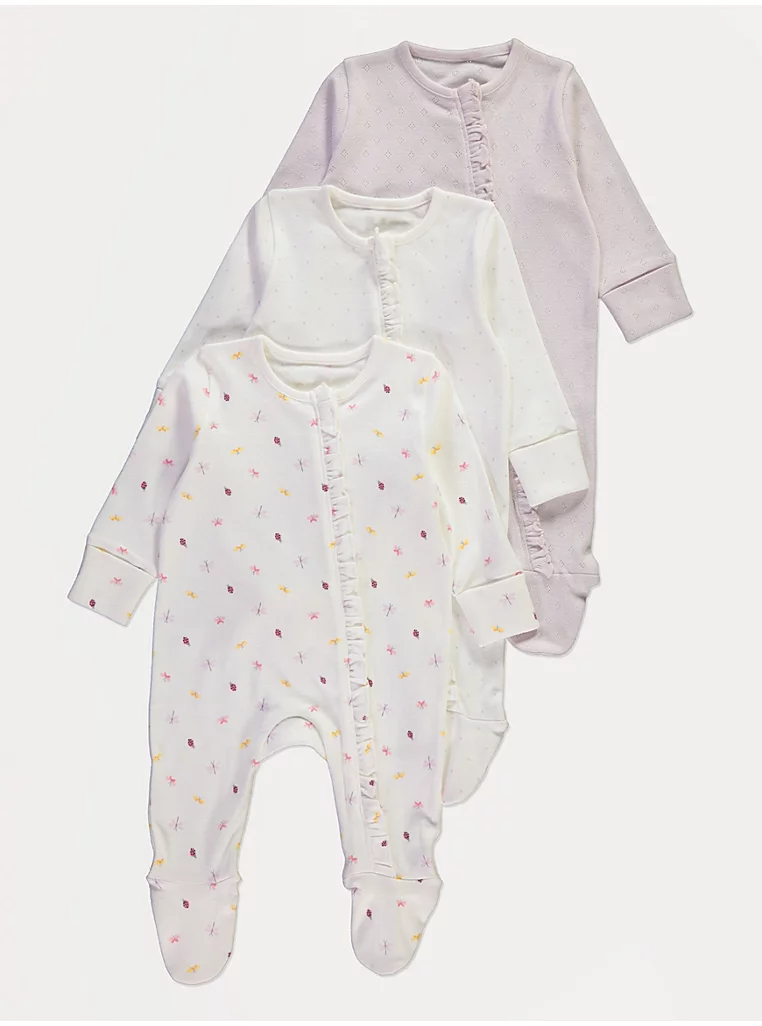 download George Insect Frill Zip Fasten Sleepsuits 3 Pack - Image 1