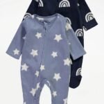 George - Blue Fleece Star Long Sleeve Sleepsuits 2 Pack (Up to 6 lbs)