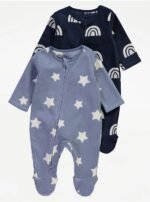 George - Blue Fleece Star Long Sleeve Sleepsuits 2 Pack (Up to 6 lbs)