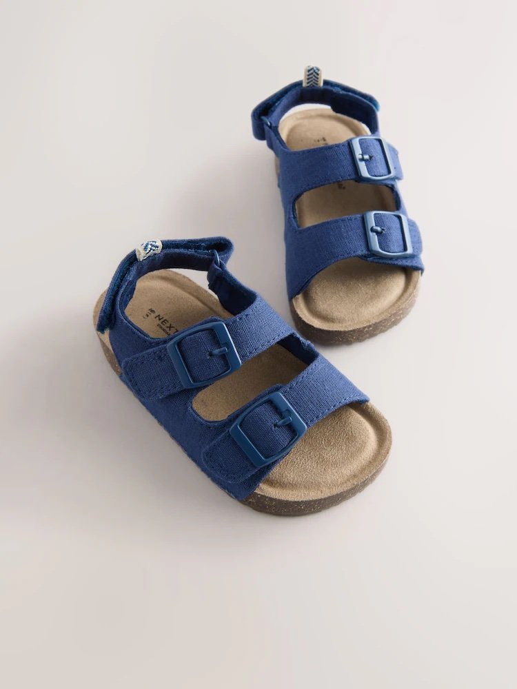 img_1997 Next - Navy Linen Standard Fit (F) Double Buckle Cushioned Footbed Sandals - Image 1