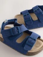 Next - Navy Linen Standard Fit (F) Double Buckle Cushioned Footbed Sandals - Image 3