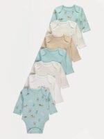 George - Mint Green Dogs Long Sleeve Bodysuits 7 Pack