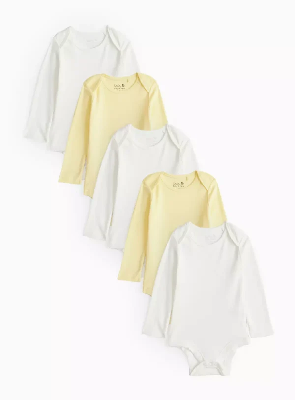 Tu Clothing - Plain White & Yellow Long Sleeve Bodysuits 5 Pack
